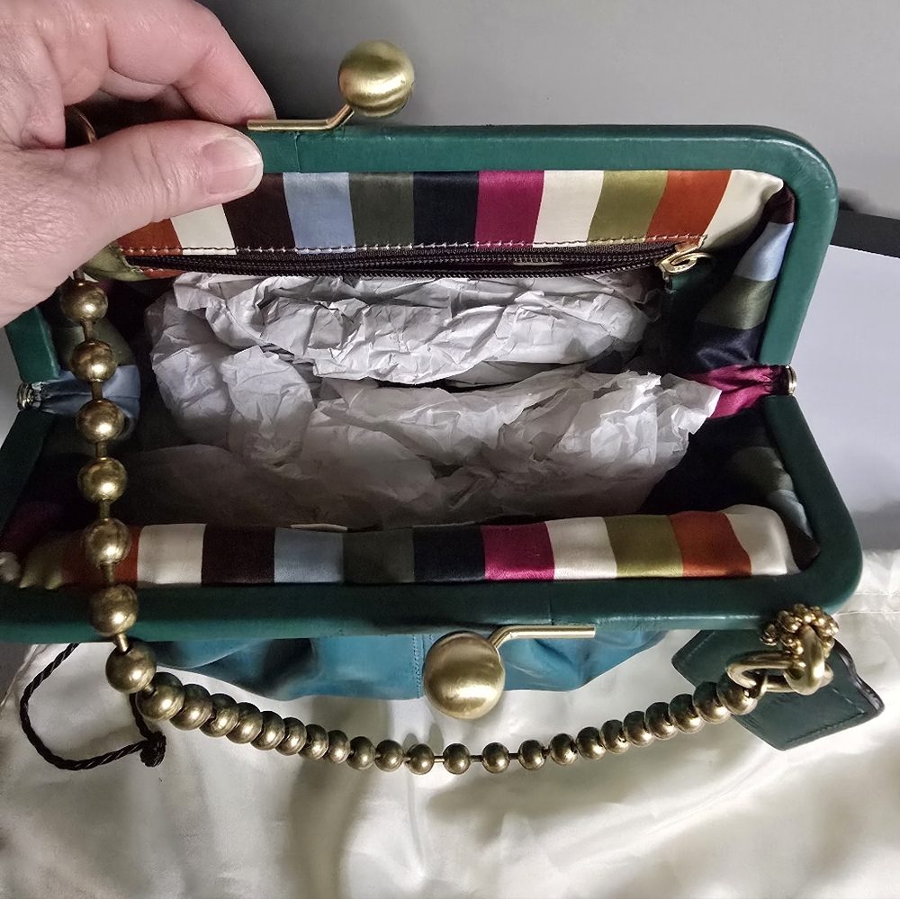 Coach Bleecker Legacy Kisslock Elegant Teal Leather Bag with Gold Chain, Vintage - Picture 8 of 13